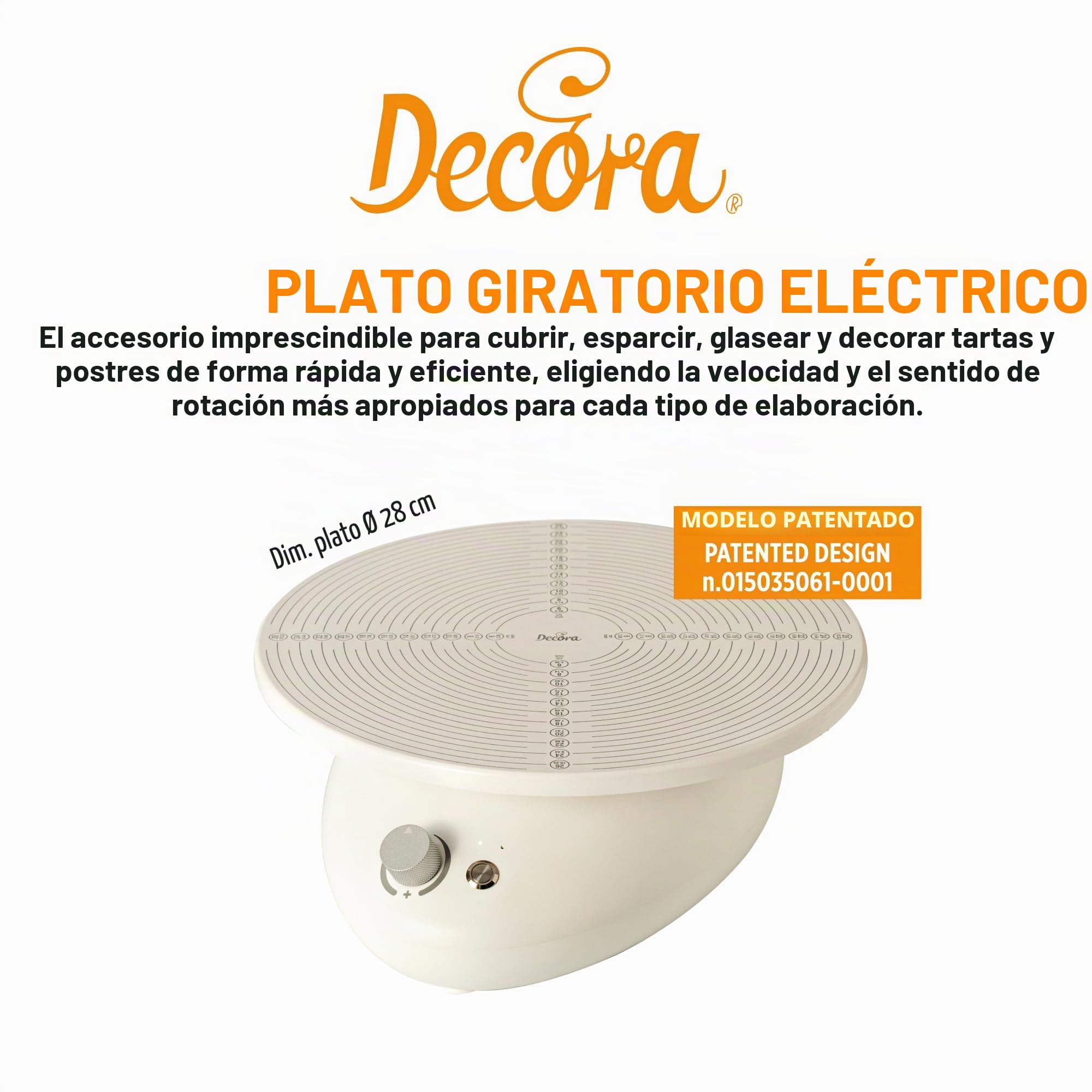 Decora, 9276010 Plato giratorio eléctrico, plato Ø 28 cm, con práctico botón de espera para bloquear la rotación del plato sin restablecer el sentido de rotación y la velocidad