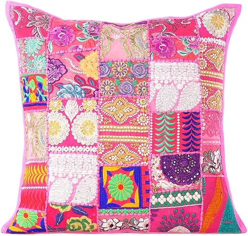 Eyes of India Funda de almohada decorativa bohemia con retazos, colorida funda de cojín bohemia para sofá, decoración hecha a mano para dormitorio,