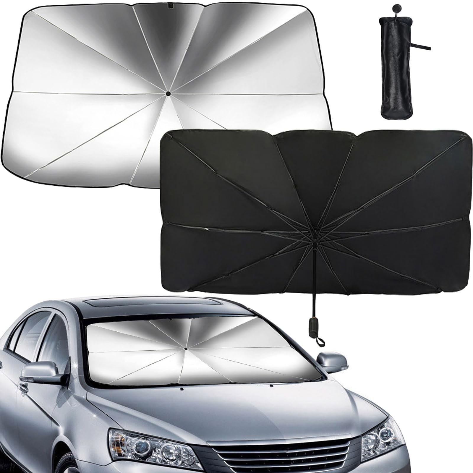 Pare-Soleil Parapluie Voiture 136.5x76 Cm - Protection UV 99,9% Avec Rotation 360° Pour Pare-Brise