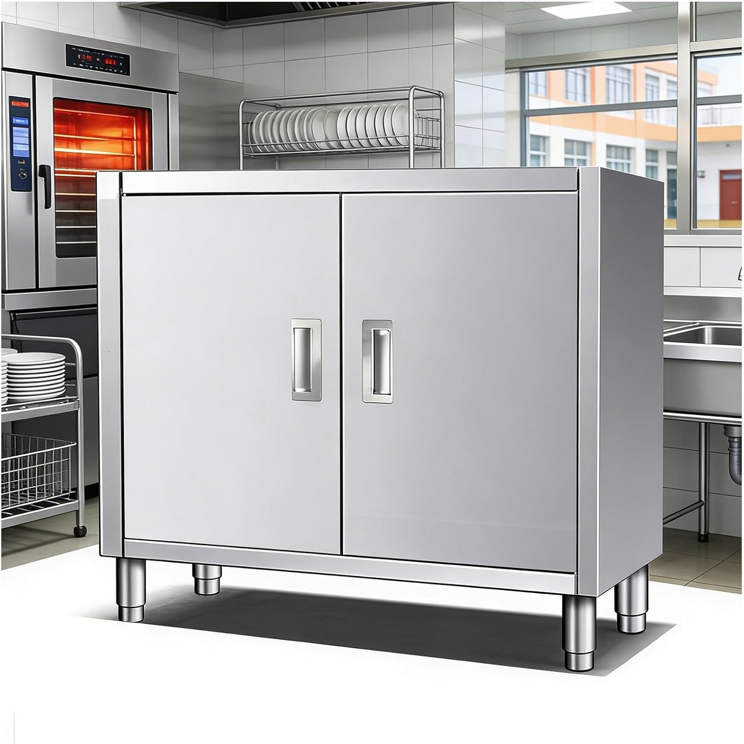 Commercial Stainless Steel Worktop Kitchen Cutting Chopping Board Worktable Double Door Worktop Multifunctional Metal Storage Cabinet Integral Welded 60x35x80cm