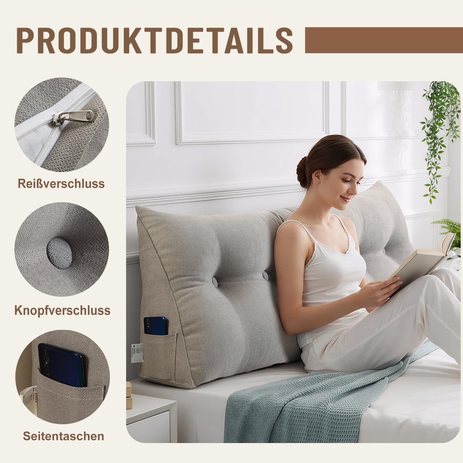 Kissen Bett Rückenkissen Lesekissen für Bett Rückenlehne Kissen Rückenpolster Abnehmbar Bequemes Lendenkissen Sofa Rückenkissen Keilkissen mit Tasche(Lake Blue,100 * 50 * 20cm)