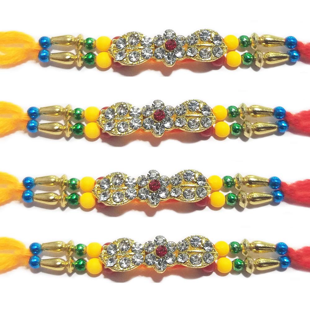 WhopperIndiaWhopperIndia Set of 4 Center 18 Small Diamond and Beads Traditional Rakshabandhan Rakhee Bracelet Color and Design May Vary Multi Design Assorted Colors