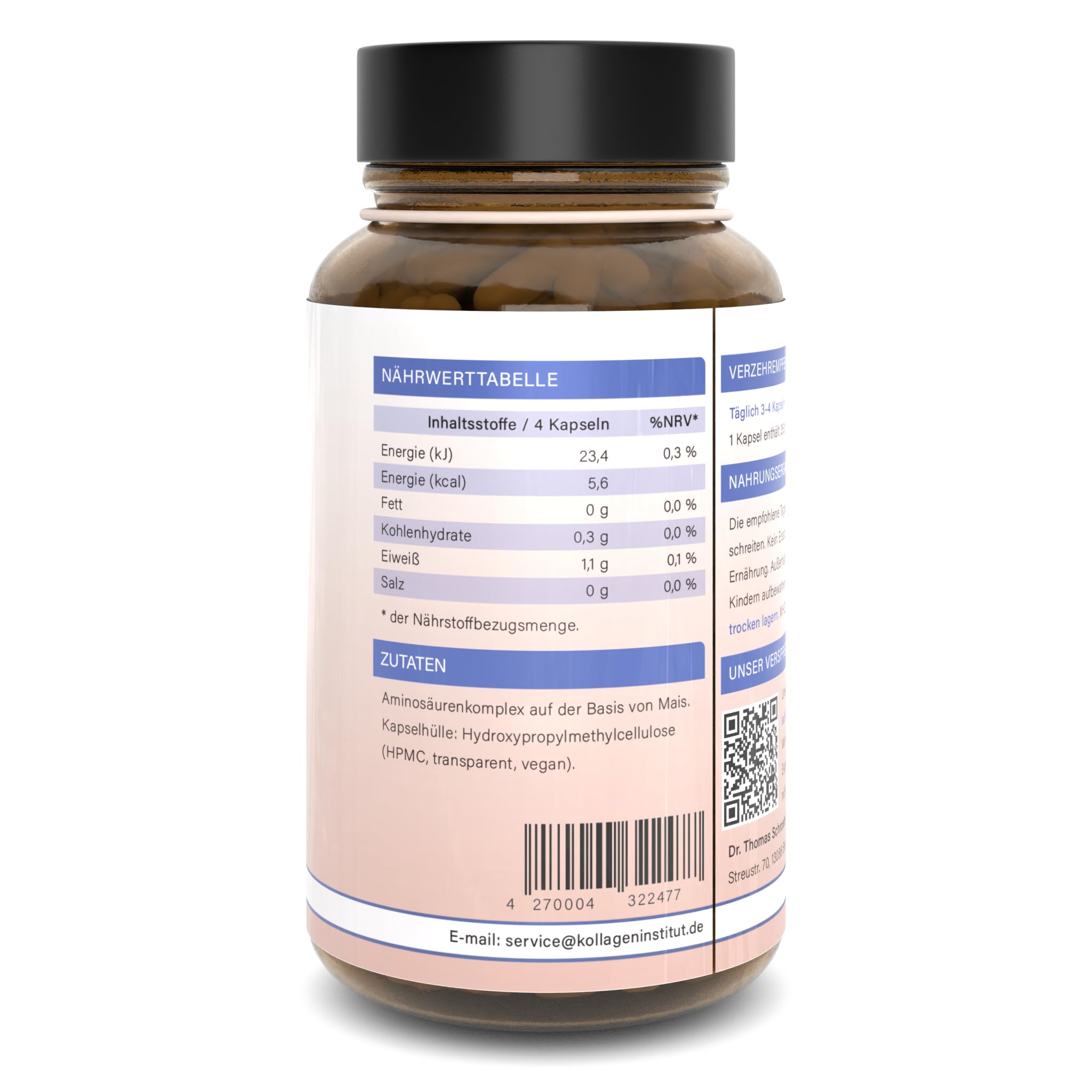 Kollagen Institut Cápsulas de colágeno vegano, paquete de 6 unidades, complejo de aminoácidos, alta dosificación, alternativa al colágeno vegano, para cabello, piel, uñas, belleza, artrosis,