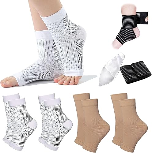 kbudra 4 pares de calcetines de neuropatía con 2 correas de apoyo para el tobillo, calcetines calmantes para dolor neuropatía, calcetines de