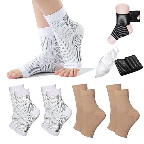 kbudra 4 pares de calcetines de neuropatía con 2 correas de apoyo para el tobillo, calcetines calmantes para dolor neuropatía, calcetines de