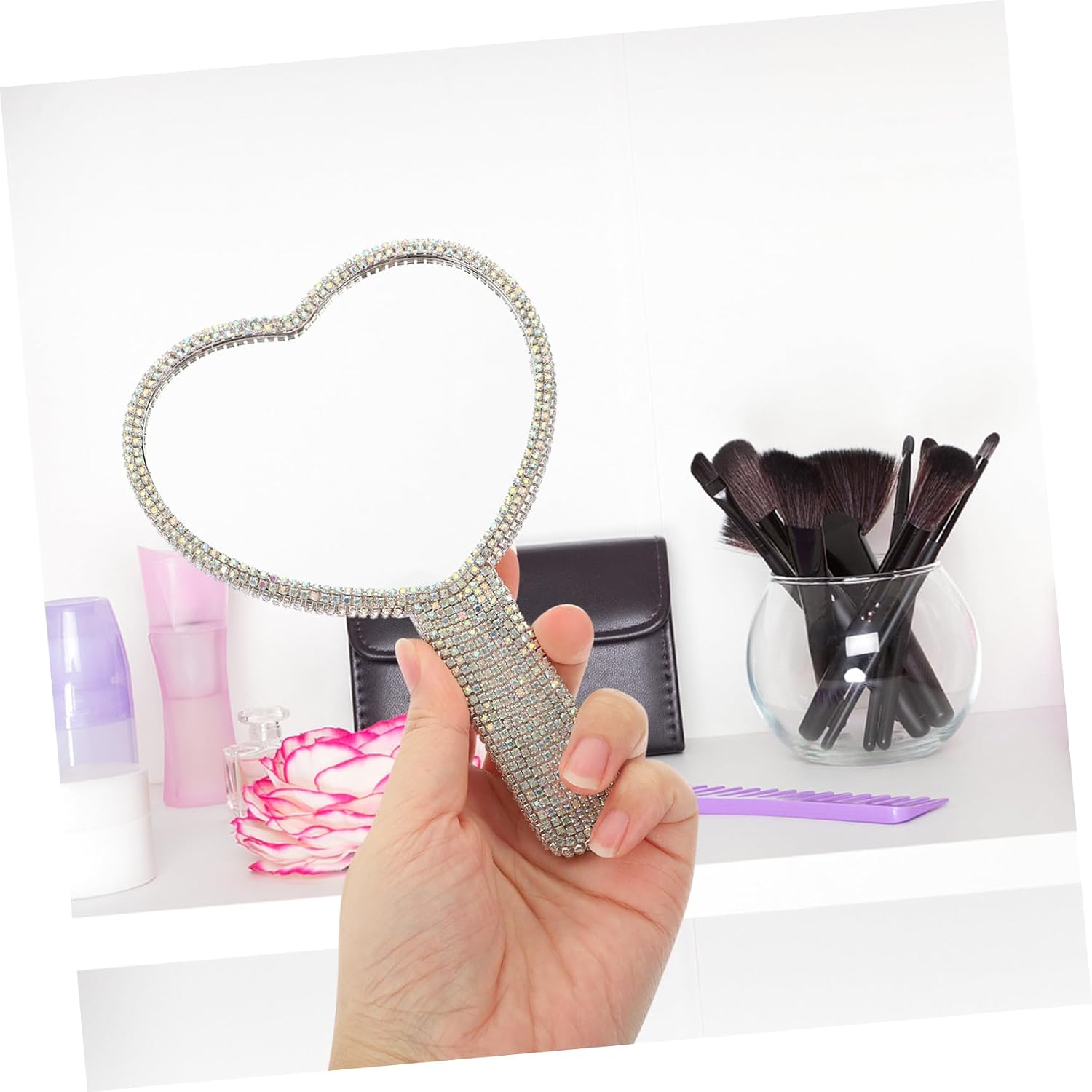 Beavorty Rhinestone Handheld Makeup Mirror Portable Hand Mirror for Women Cosmetic Vanity for Travel Hairdressing and Daily Use 6.29 X 4.33 X 0.47 in 1 Piece