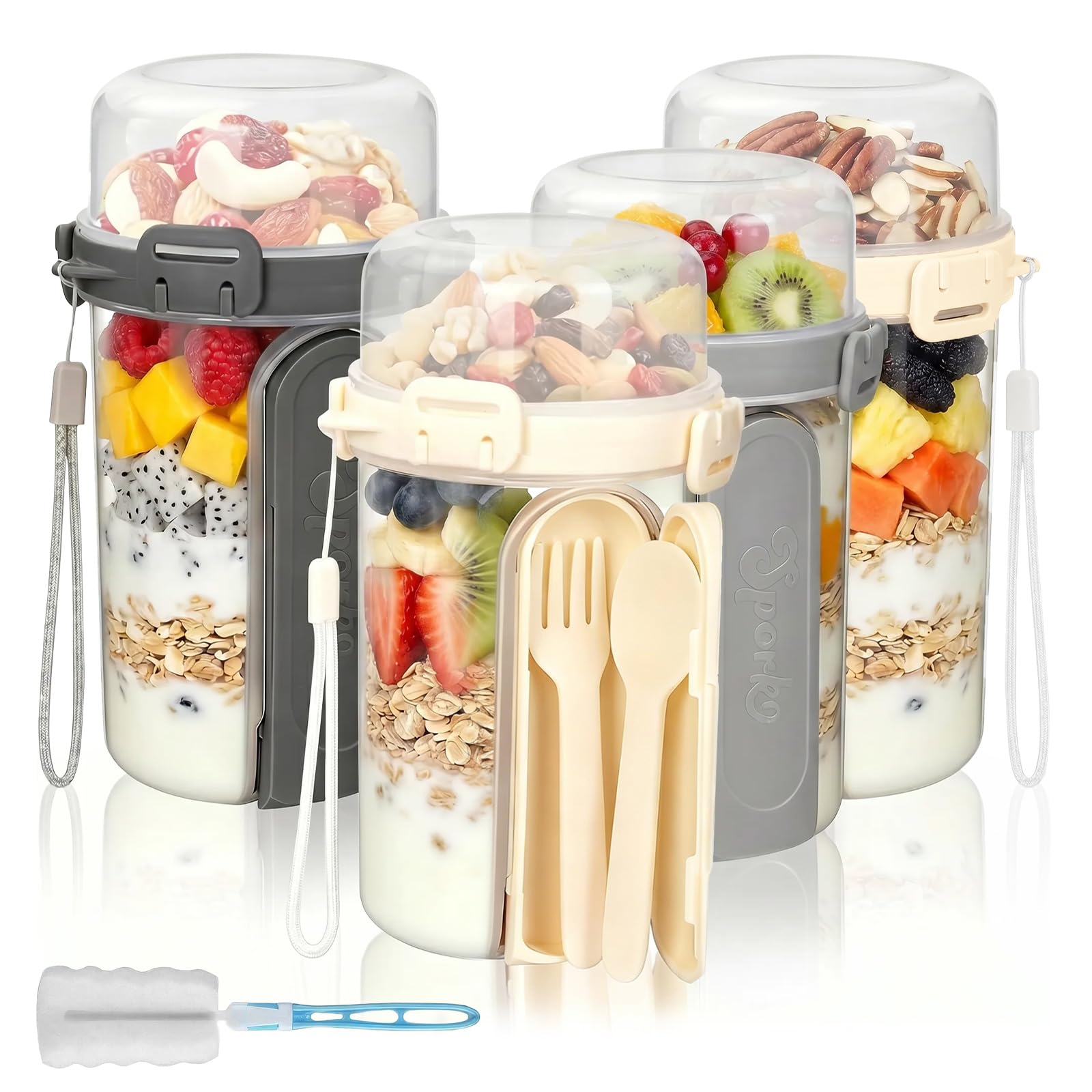 4 Pack Overnight Oats Container Jar with Lids and Spoon, Breakfast Cereal Cups on the Go with Cup Brush, Reusable Yogurt Pot, Leak-Proof Dry Wet Separation Cereal Container for School, Office, Travel