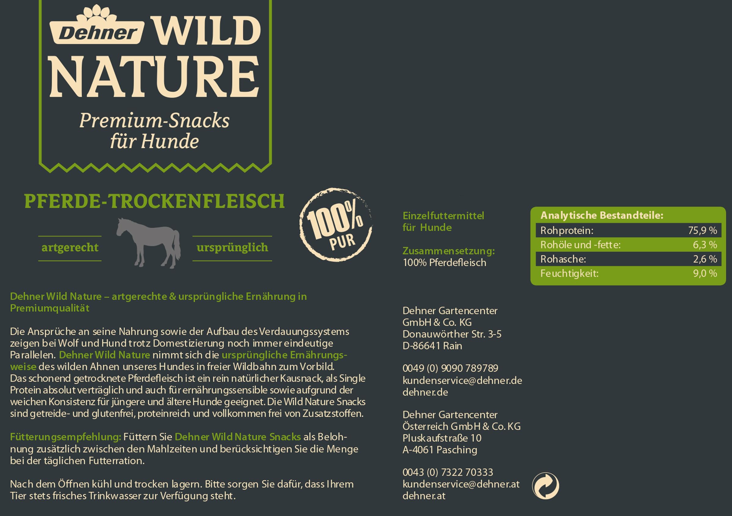 Dehner Wild Nature przekąska dla psów, wysokiej jakości przysmaki dla psów, bezglutenowa/bez zbóż, przekąska dla psów, suszone mięso końskie, 200 g