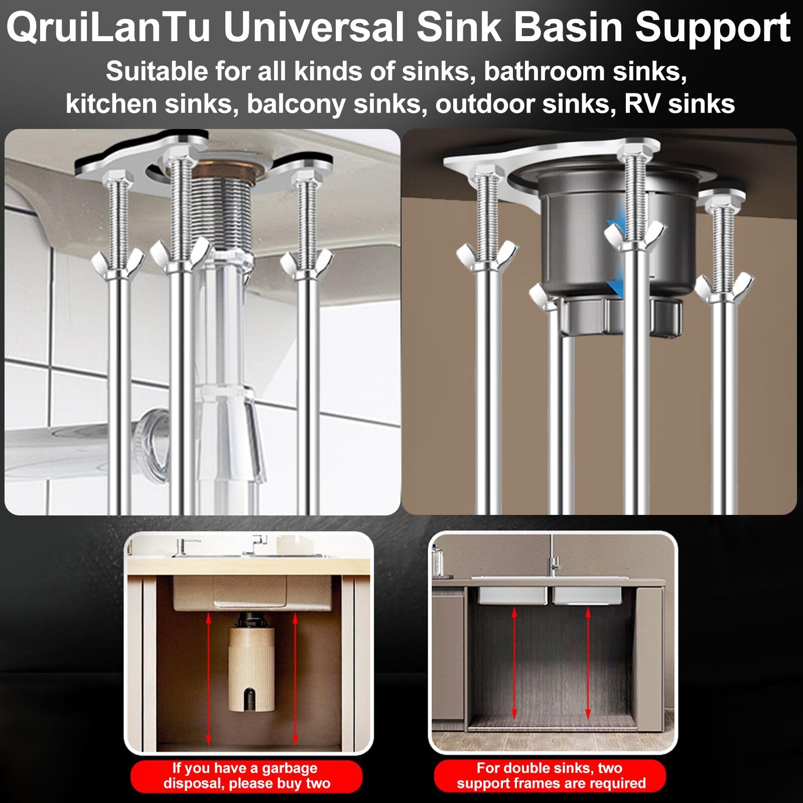 Support d'évier de cuisine encastrable pour économiser de l'espace - Kit de réparation d'évier vertical avec coussinets antidérapants absorbant les chocs - Support réglable en acier