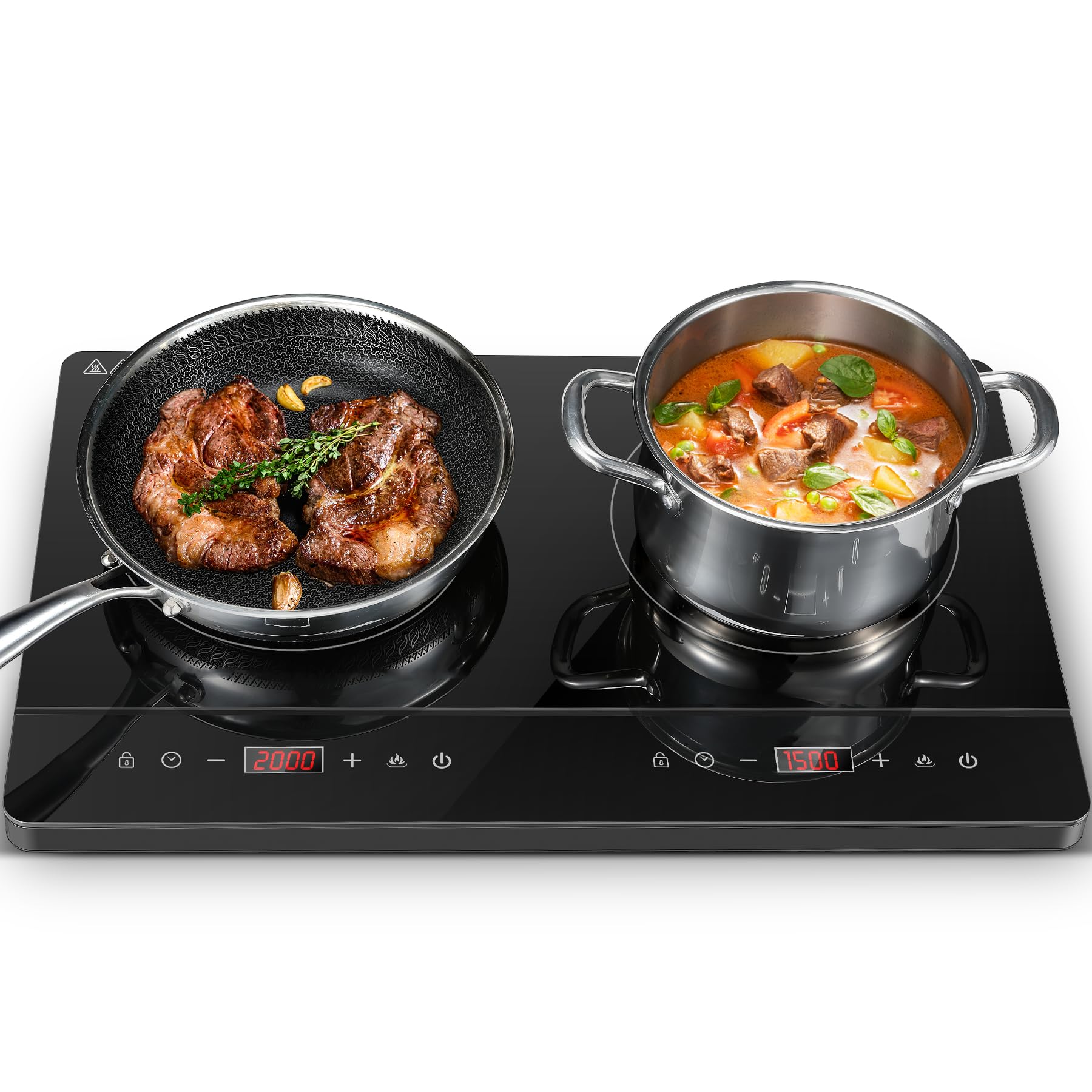 Placa de Inducción 2 fuegos, control táctil, 3500W, 10 ajustes de temperatura, temporizador 1-99 min, bloqueo para niños
