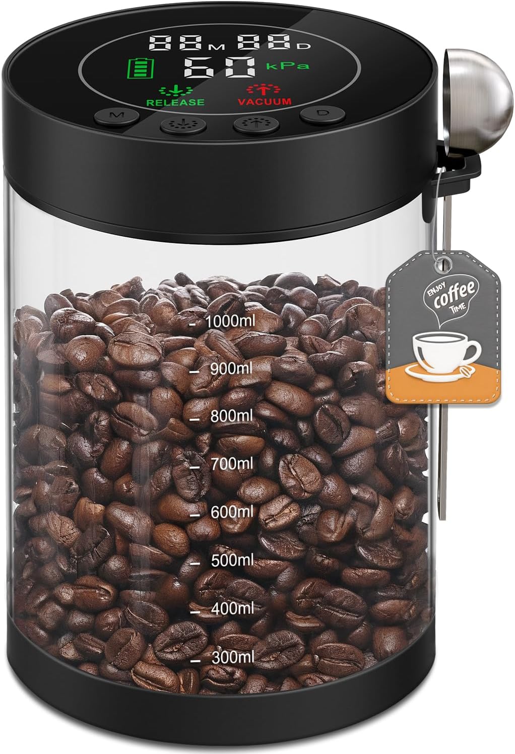 Electric Vacuum Coffee Canister, 1.3L Glass Airtight Food Storage Containers with Smart Pressure Sensor, Automatic Coffee Bean Container Rechargeable with LED Display Window for Kitchen Food Storage