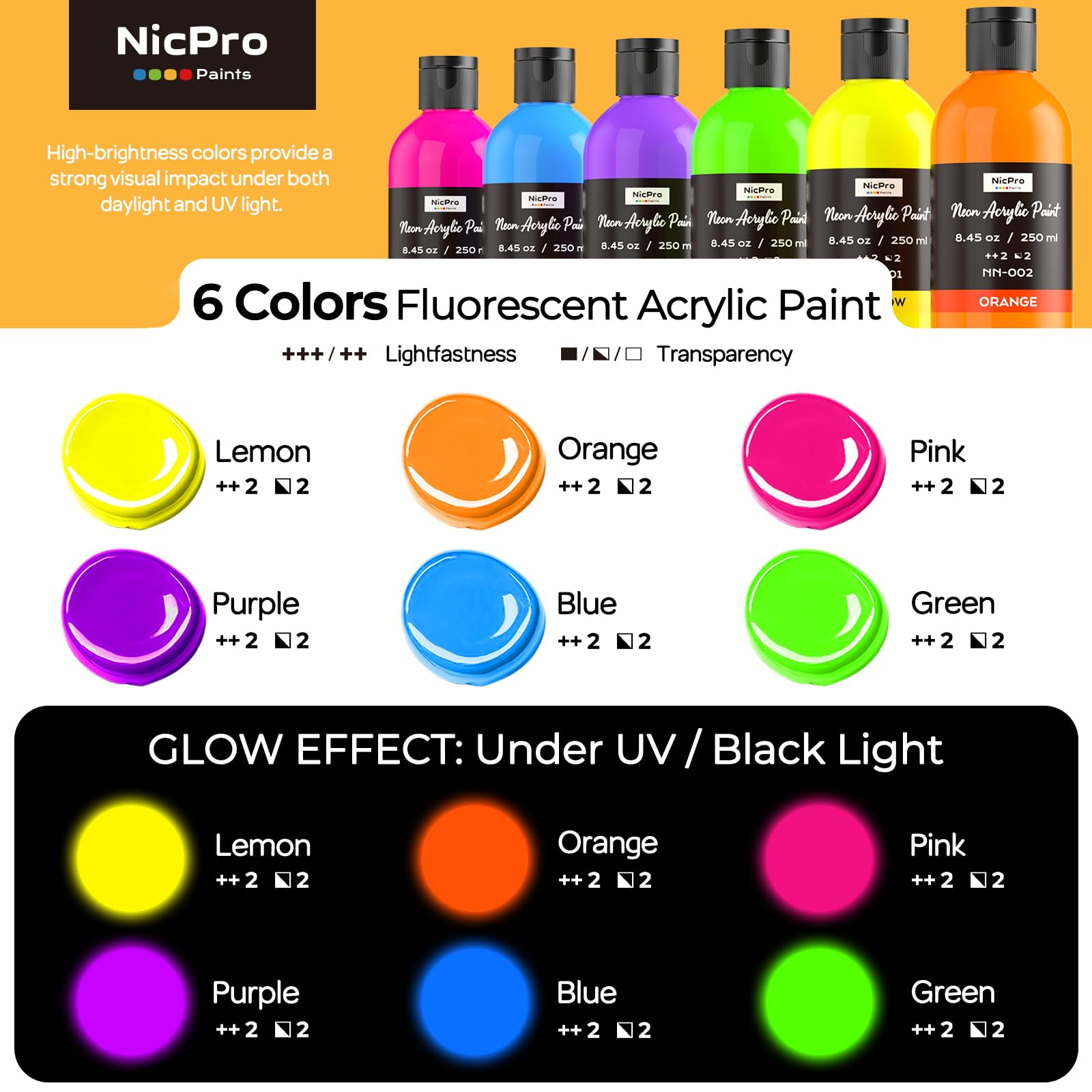 Nicpro Peinture Fluorescente 6 Couleurs X 250 ml, Peinture Acrylique Luisant Dans Le Noir, Acrylique Fluorescente pour Projets De Bricolage, Vêtements De Fête, Halloween, Décorations De Noël