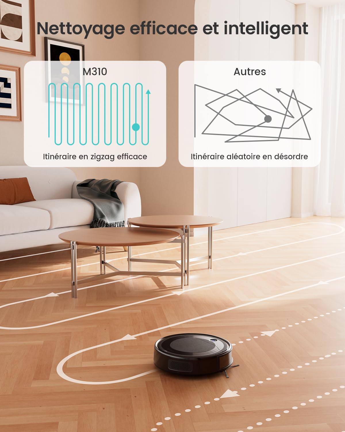 Lefant Robot Aspirateur M310 avec Navigation Précise, 4500 Pa, Autonomie de 150 Min, Filtre HEPA, Compatible Wi-FI, Idéal pour Poils d'animaux, Tapis et Sols Durs