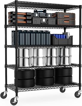 M MZG Storage Rack Metal Wire Shelving Unit 5 Tier Industrial Metal Shelving Units Load Capacity 1498 kg for Commercial Basement Pantry Warehouse Black 60 x135x 186.9cm