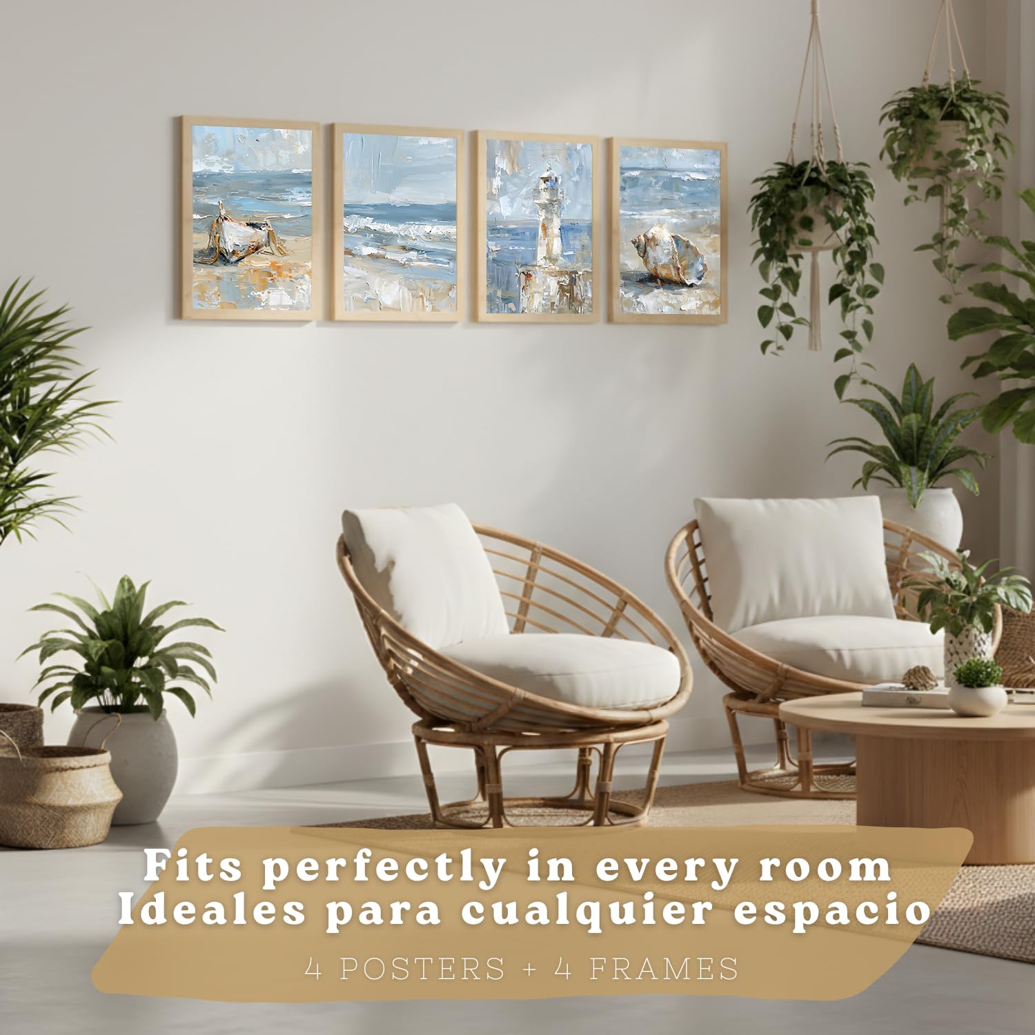 Nacnic Juego De 4 Cuadros De Playa, Mar, Costa Azul, Faro, Barca. Decoracion De Pared De Arte. Dia De Mar. Laminas Decorativas Pared Baño, Cocina,Salón Y Dormitorio. Tamaño A3 Marco Madera Clara