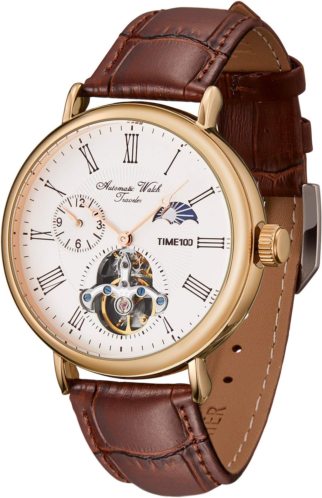 Men's Automatic Watch Navigator-Series Tourbillon-Style Dual Time Zone Business Calendar Mechanical Watch Leather Strap