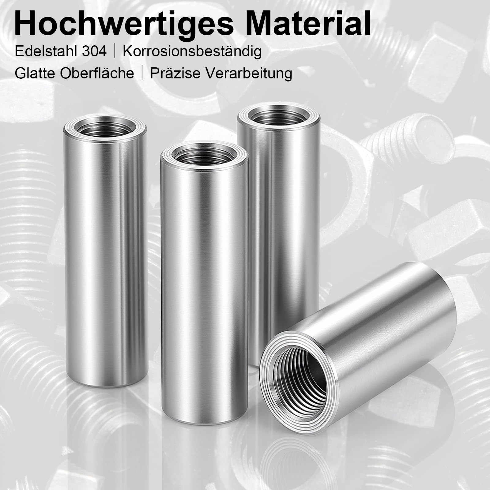 4 manicotti filettati M10 x 40 mm, rotondi, in acciaio inox 304, manicotto filettato V2A M10, filettatura interna, dado di collegamento, dado distanziatore, dado di prolunga