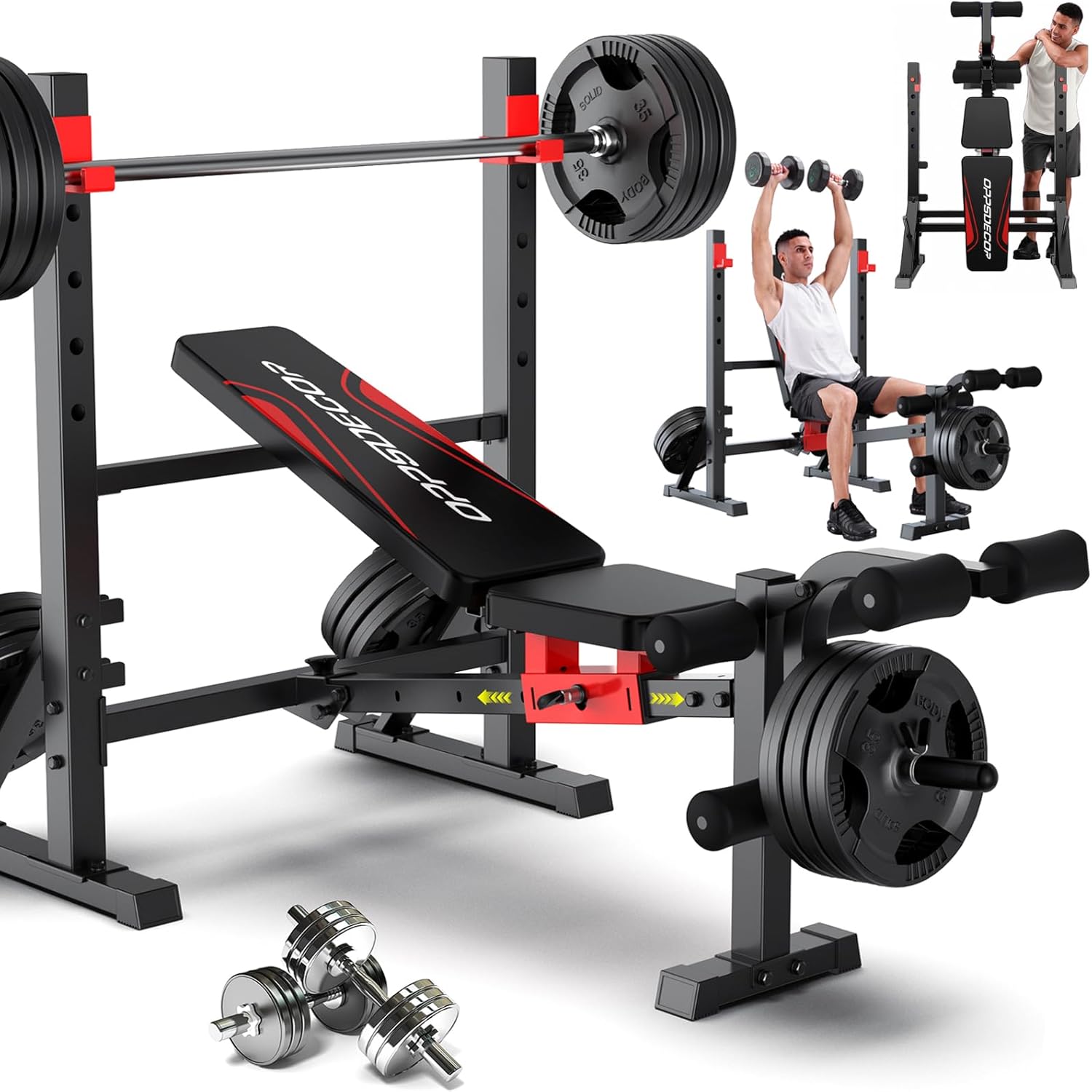 OPPSDECOR Weight Bench Set, Folding Workout Bench with Squat Rack Leg Extension & Leg Curl, Adjustable Back/Barbell Rack for Bench Press Strength Training, Flat Incline Decline Gym Bench