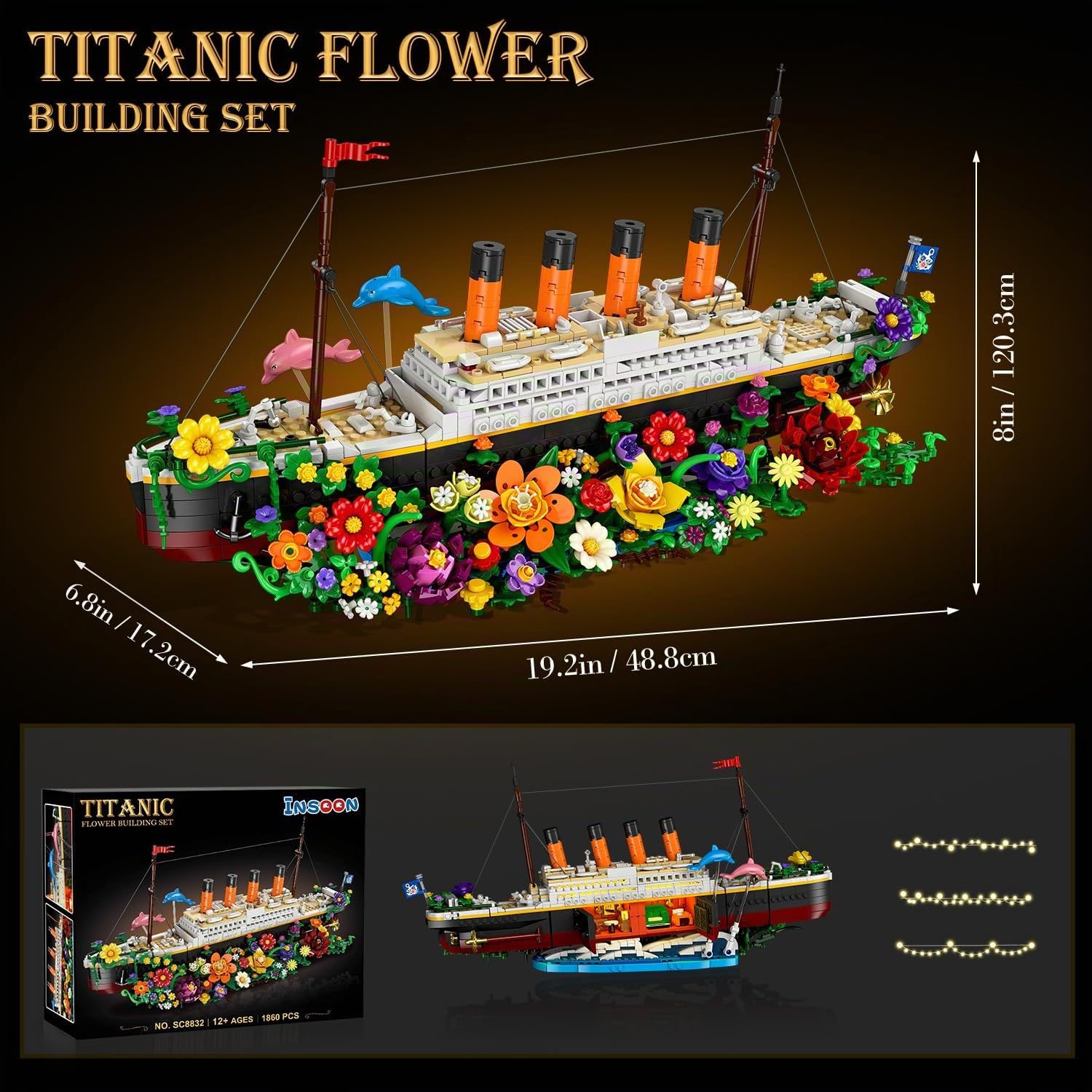 INSOON Blumen Titanic Juguete de construcción con luz, barco Titanic con flores, delfines botánicos, 1860 piezas modelo de barco, ladrillos de sujeción, regalo para adultos, niños, niños y niños