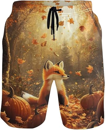 Thanksgiving Fox Pumpkin Autumn Fall Mens Sportwear Swim Trunks Quick Dry Board Shorts with Lining S S0405556