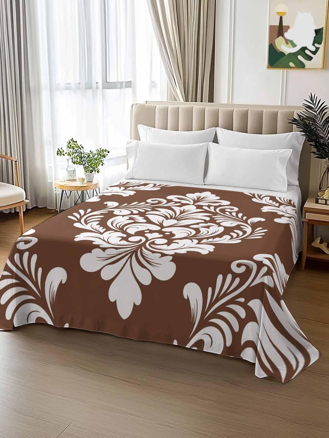 Top Sheet Full Bedding Flat Sheet Only, Classic Flower Texture Brown White Microfiber Bed Sheets Soft Breathable Bedding Flat Sheets, Abstract Vintage Floral Art Hotel Luxury Top Sheets