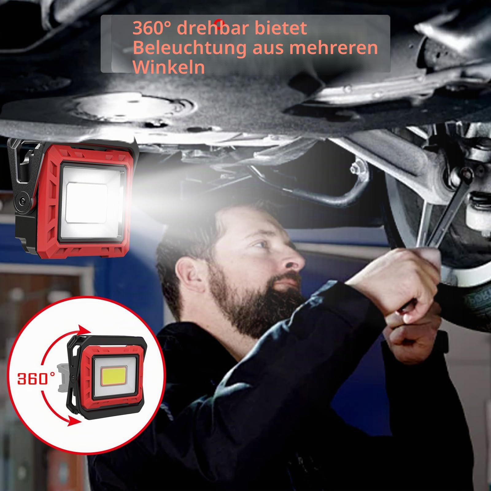 2 Stück LED Arbeitsleuchte, 2000 Lumen Super Helle Werkstattlampe, Tragbare Akku Lampe Inspektionslampe mit Powerbank Funktion, für Garage Werkstatt Baustelle Camping (Rot1-2)