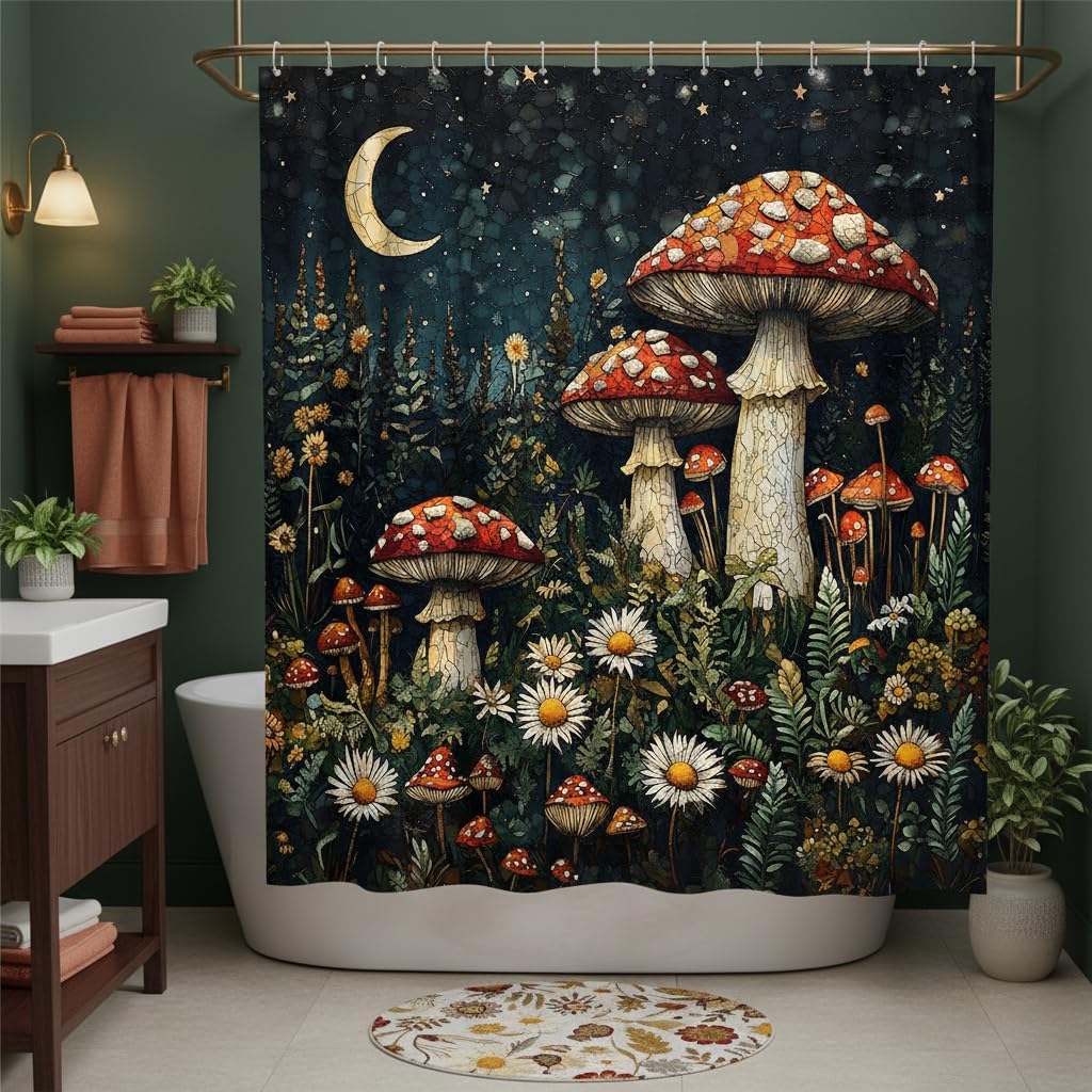 Mushroom Shower Curtain Red Mushrooms White Daisies Boho Moonlit Forest Abstract Starry Art Bathroom Polyester Curtains Set with Hooks 70x84 Inch