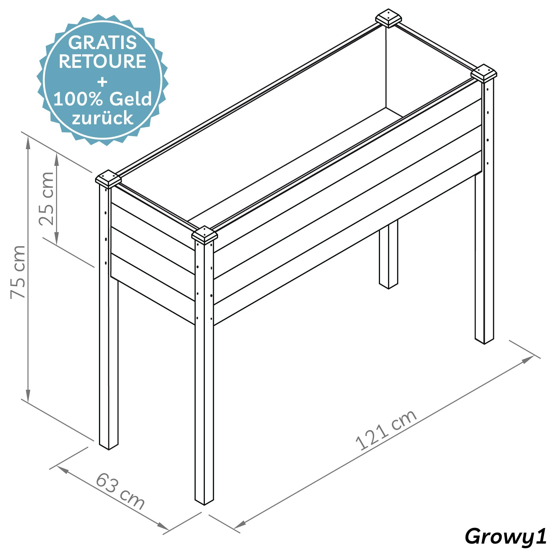 needs&wants® Großes Hochbeet aus Holz für Garten Balkon Terrasse, Pflanzkasten Bausatz XL rechteckig schmal mit Vlies-Folie, Kräuterbeet Pflanzenkasten deko, 121 x 63 x 75 cm, dunkel-braun