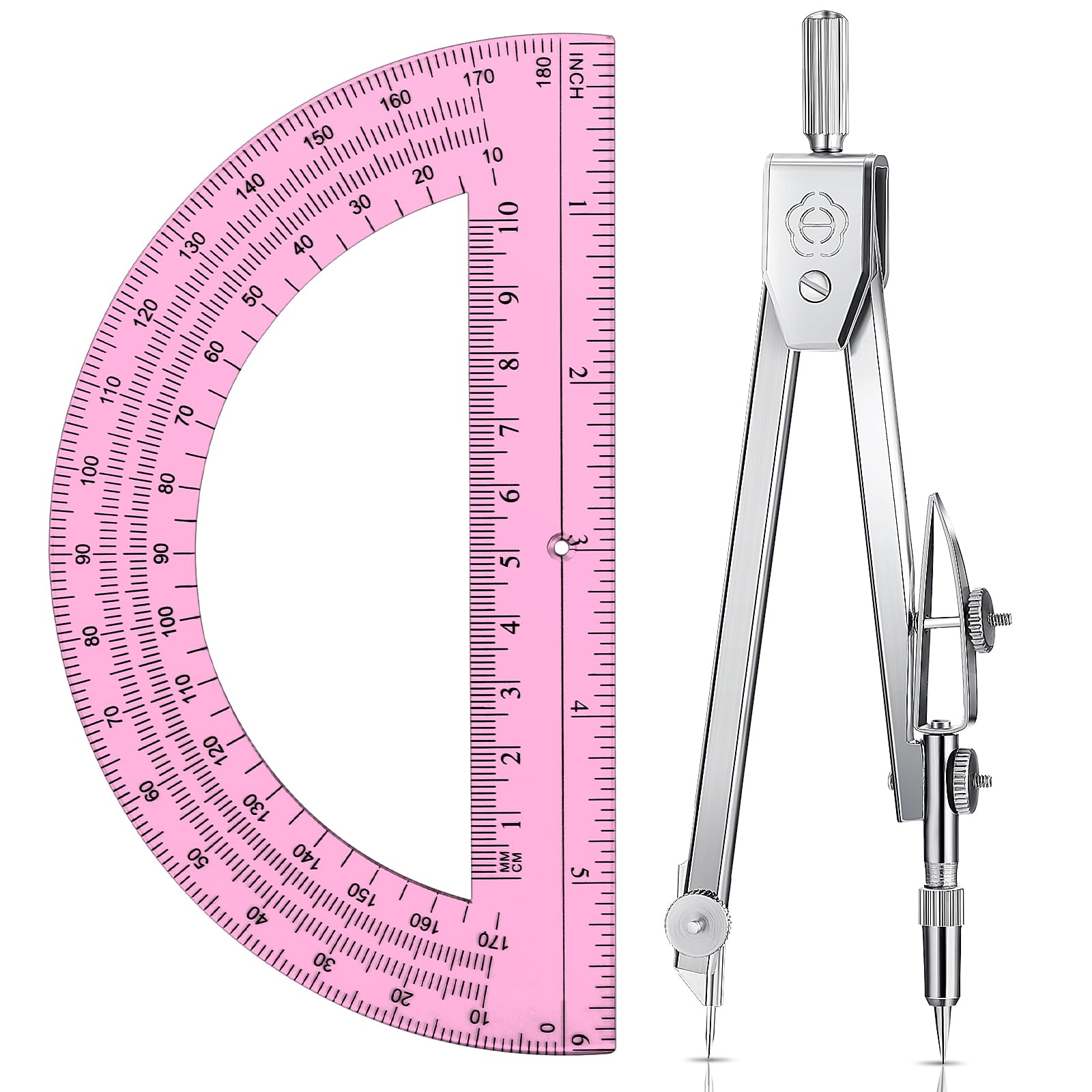 EBOOT Student Geometry Math Set, Drawing Compass and 6 Inch Swing Arm Protractor 180 Degree Math Protractor (Pink)