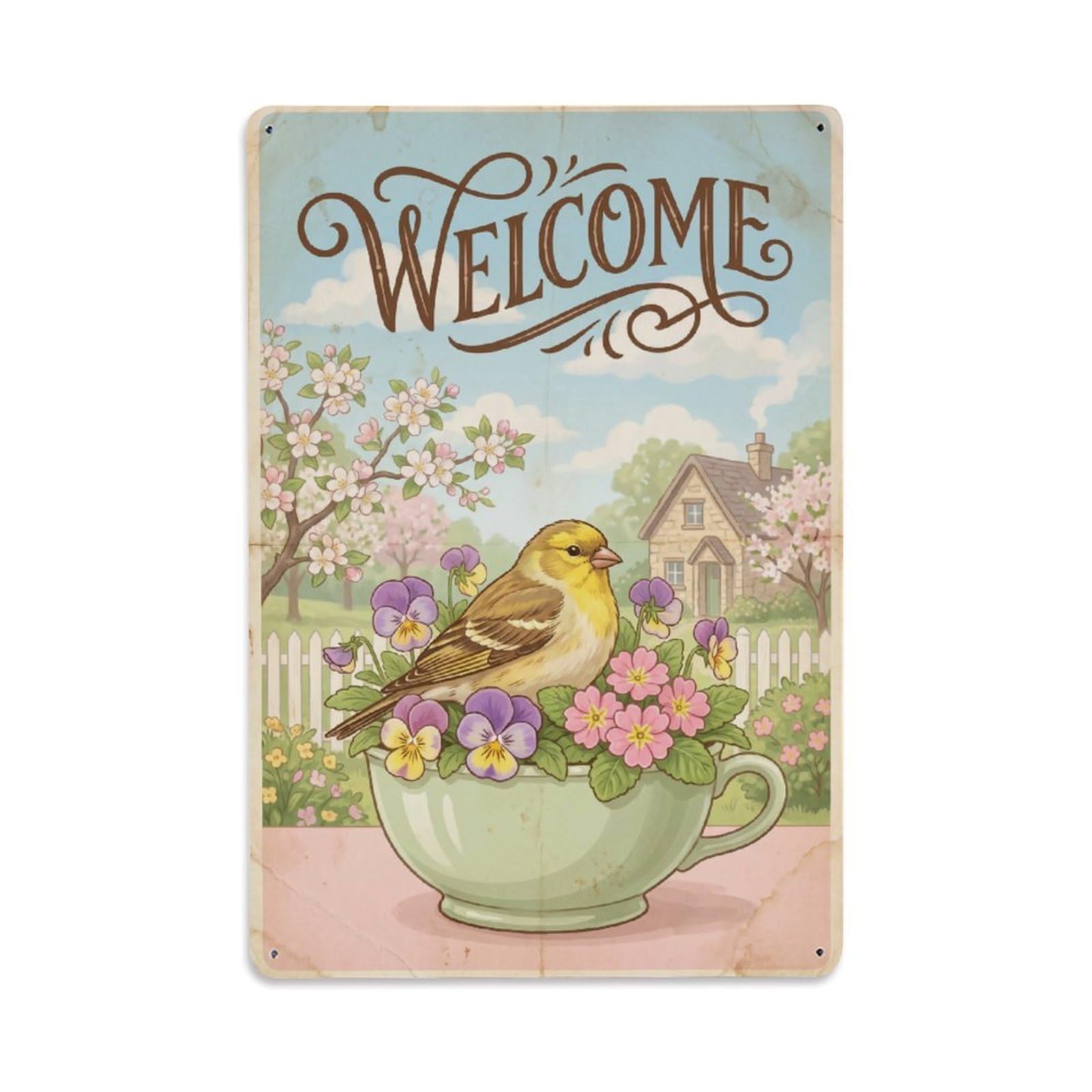 Cxhjca 8X12inch(20X30cm) Vintage Welcome Finch Cozy Corner Metal Tin Sign