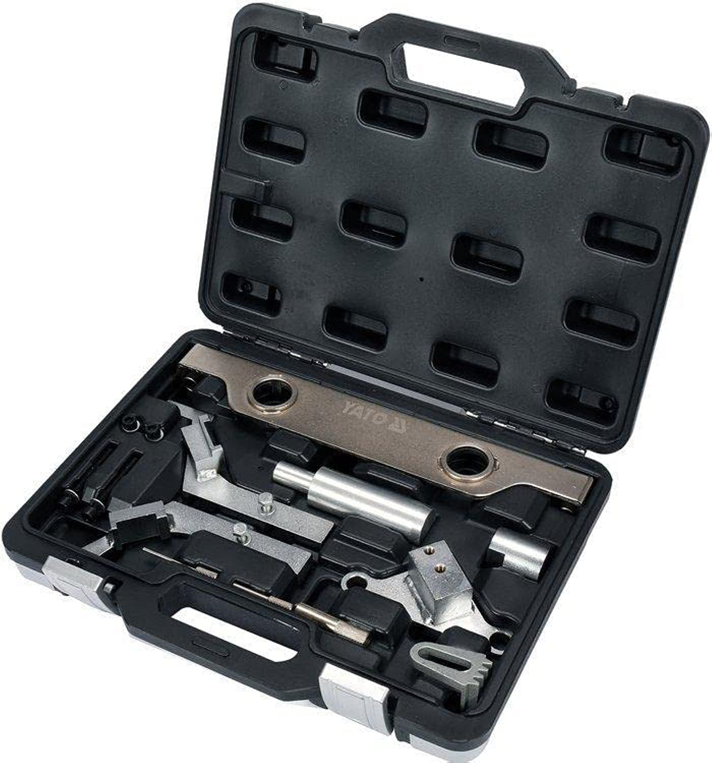 YATO YT-06027 camshaft locking tool kit with various components laid out in an open black plastic case.