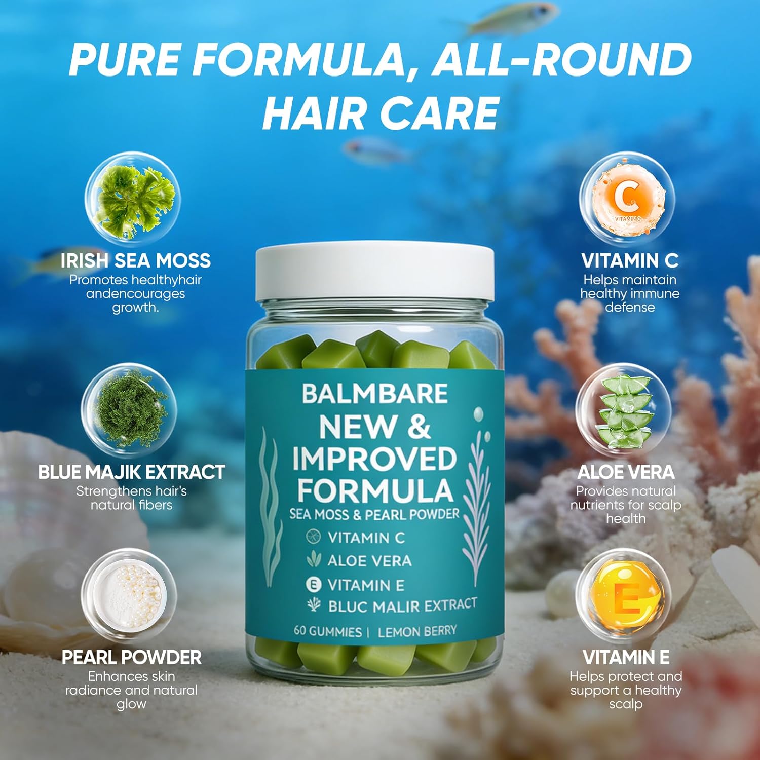 Balmbare Revive Plus Gummies for Hair Loss - Sea Moss Gummies with Liposomal Vitamin C, Vitamin E, Aloe Vera, Pearl Powder Supports Faster Hair Growth, Stronger Nails, Extra Strength - 60 Count