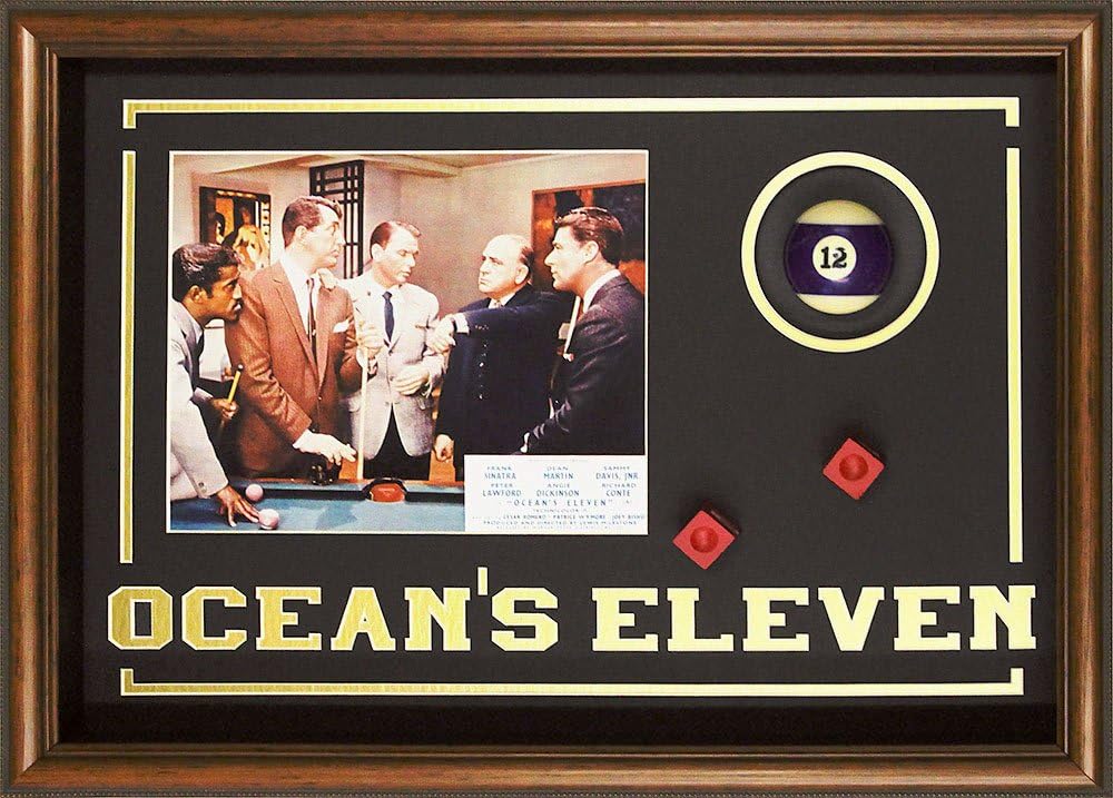Ocean's Eleven Rat Pack Billiard Movie Memorabilia Game Room Decor Framed Photo, Real Pool Ball, Chalks Custom Made Real Wood Dark Walnut Shadowbox Frame (21 1/4 x 17 1/4")