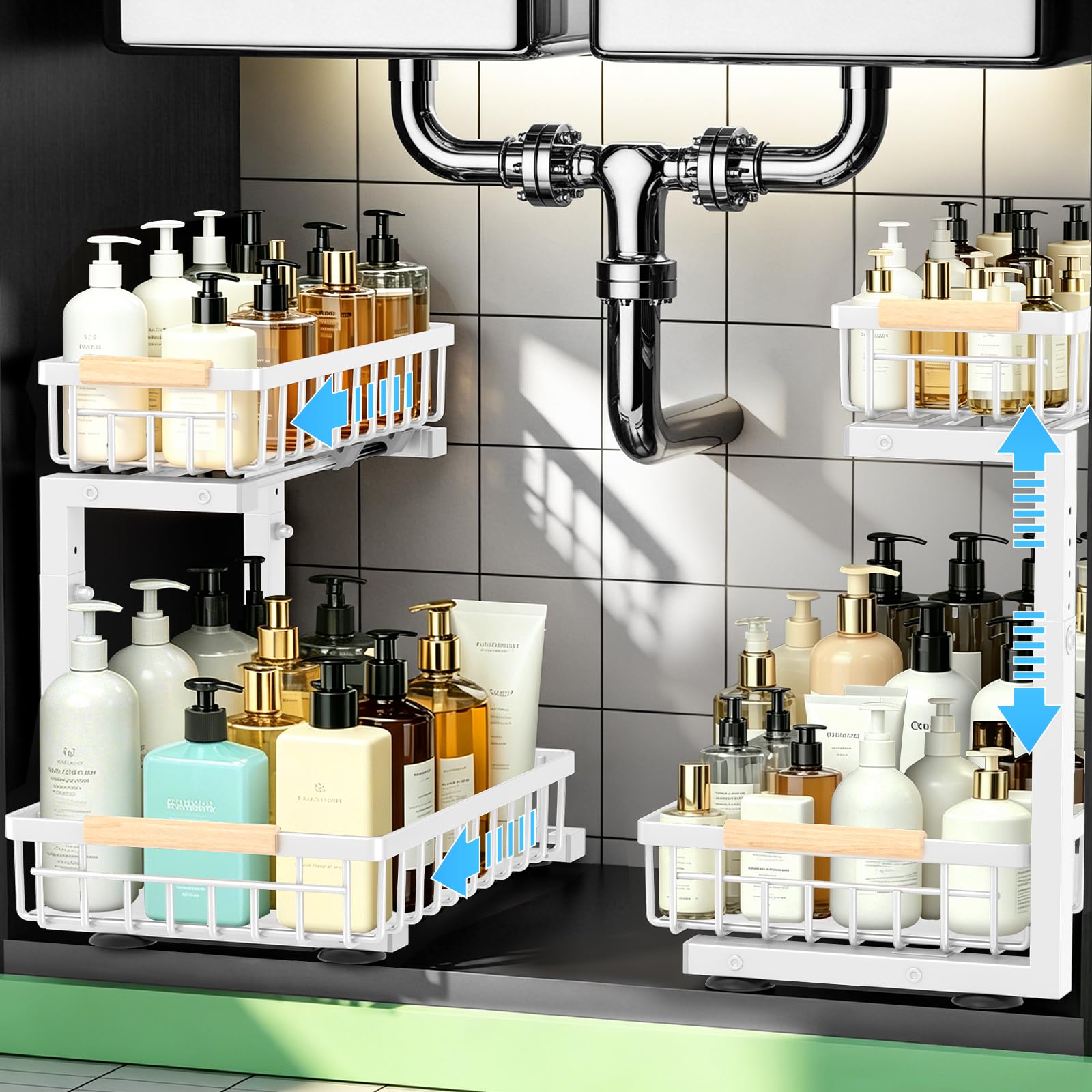 GeeBom Under Sink Organizer 2 Pack, Double Slide Out Metal Shelf, White | Pull Out Kitchen Storage Cabinet Organizer, 2-Tier Under Sink Storage Rack for Bathroom Laundry Kitchen Storage with Drawer