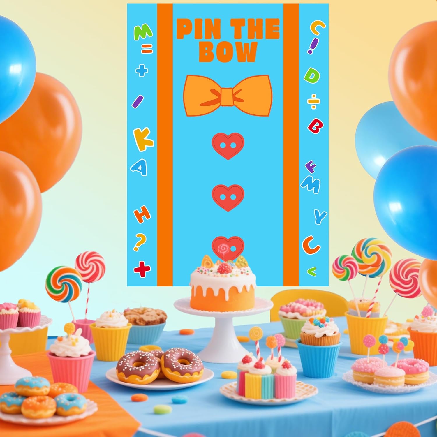 AFZMON English Teacher Birthday Party Decorations Pin The Bow Party Games, Orange Blue Poster with 24 Reusable Bow Stickers for Toddler Baby Shower Party Wall Decorations Supplies- 19.5Inch x27.5Inch
