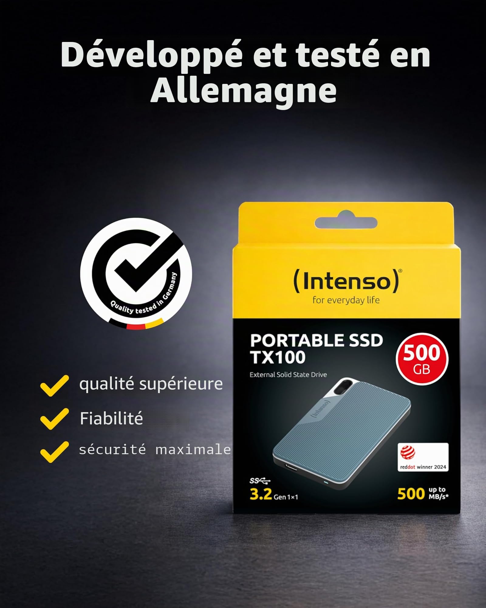 Intenso Disque dur externe SSD TX100, 500 Go Portable Solid State Drive, Super Speed USB 3.2 Gen 1x1 (5 Gbit/s), jusqu'à 500 Mo/s