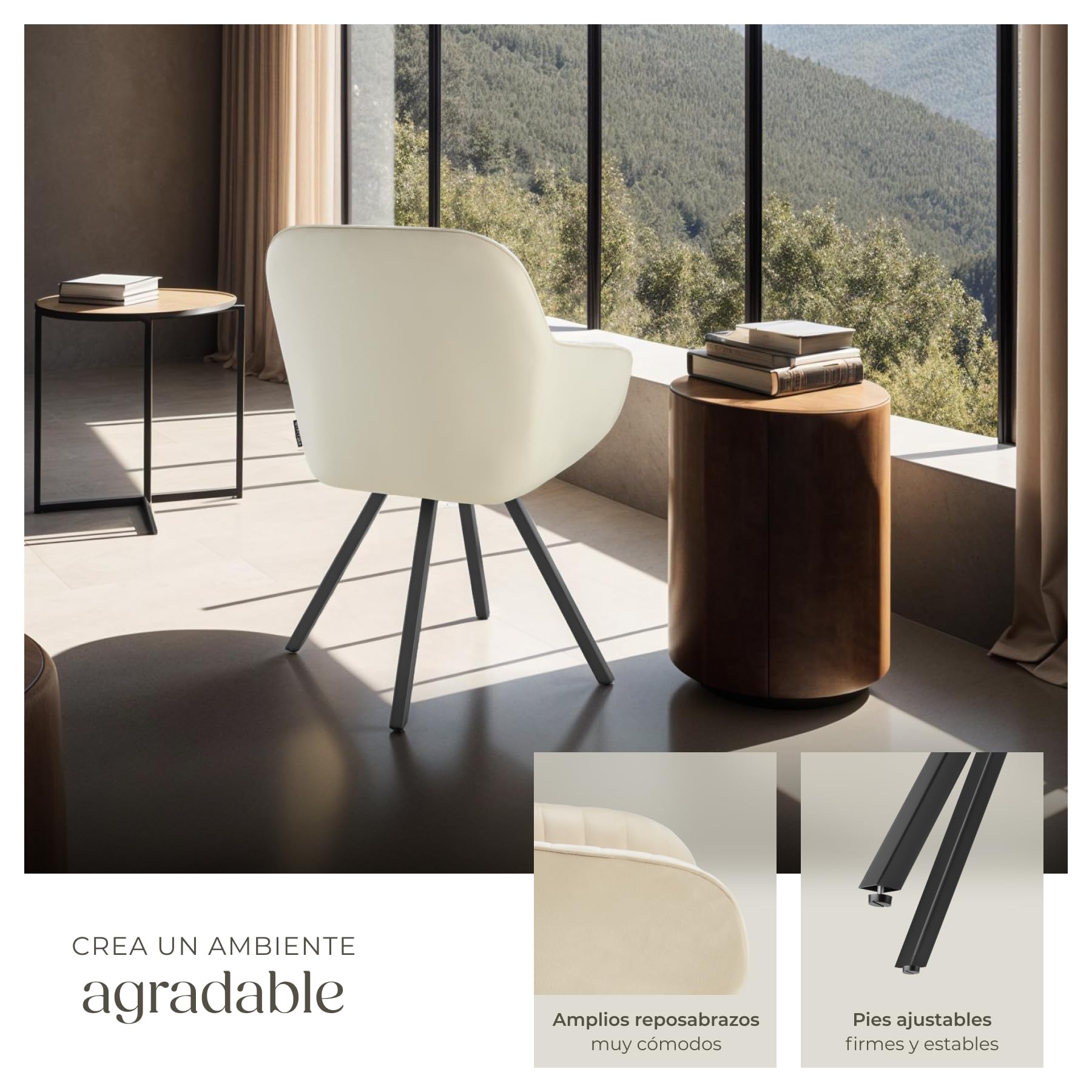 tectake® Sillas de Comedor Giratorias con Funda de Terciopelo, Acolchada, Respaldo Continuo, Silla Dormitorio, Silla con reposabrazos, sillas nordicas, Muebles Salon Modernos - 1 Silla Crema