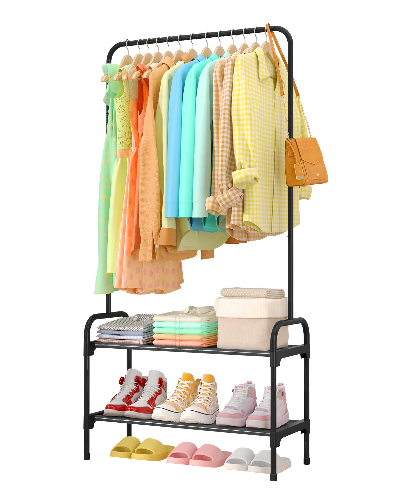 Sakugi Clothes Rail - Large Capacity Freestanding Clothes Rack with 2-Tier Shoe Organizer & Non-Slip Feet, Heavy-Duty Clothing Rail for Bedroom, Entrance, Laundry, 74 x 30 x 150cm, Black