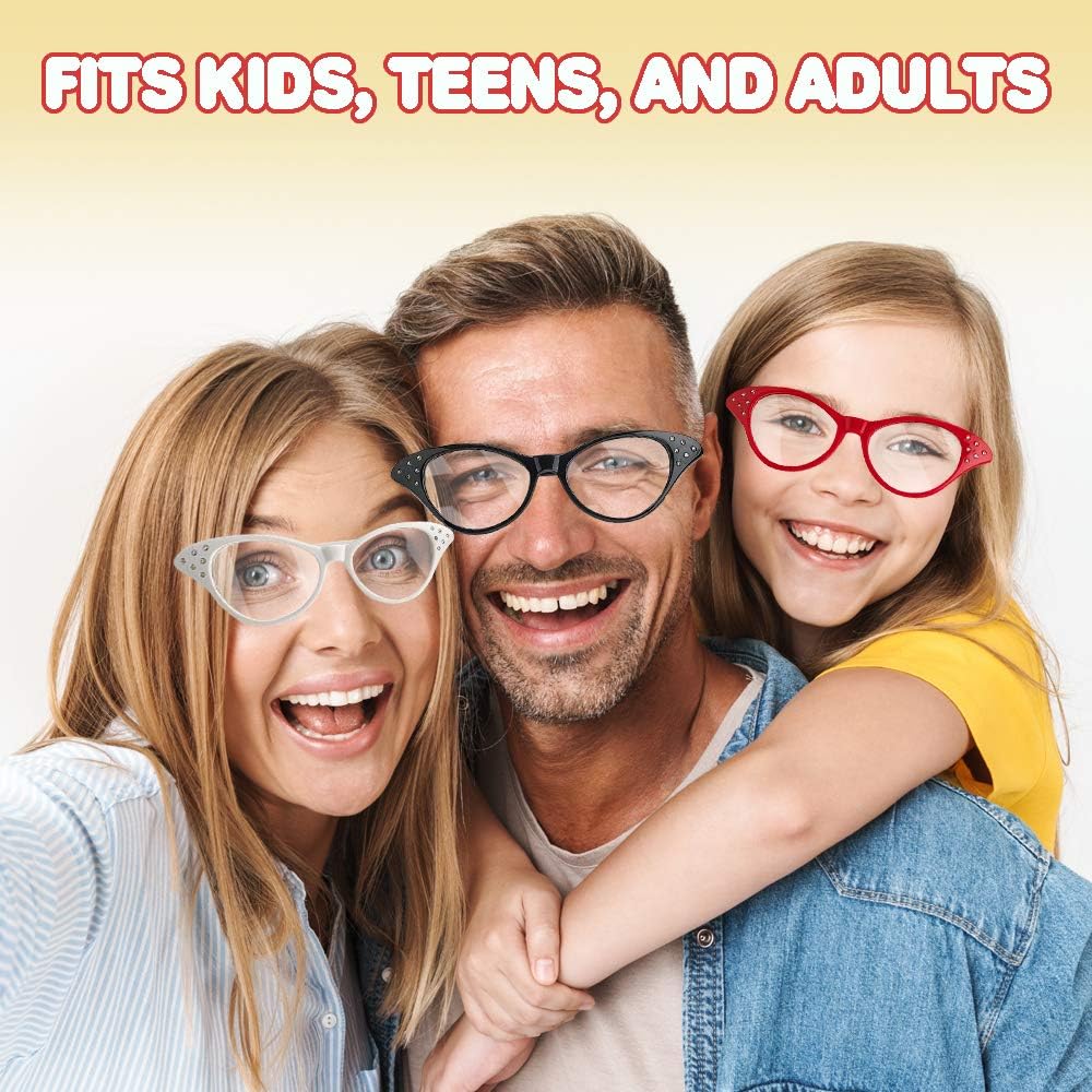 ArtCreativity Retro Cat Eye Glasses with Rhinestones - Pack of 4 - Vintage Cat Eye Fashion Eyeglasses for Women and Kids, Fun Props for 50s, 60s, Grease Theme, and Old Crazy Cat Lady Costume : Clothing, Shoes & Jewelry