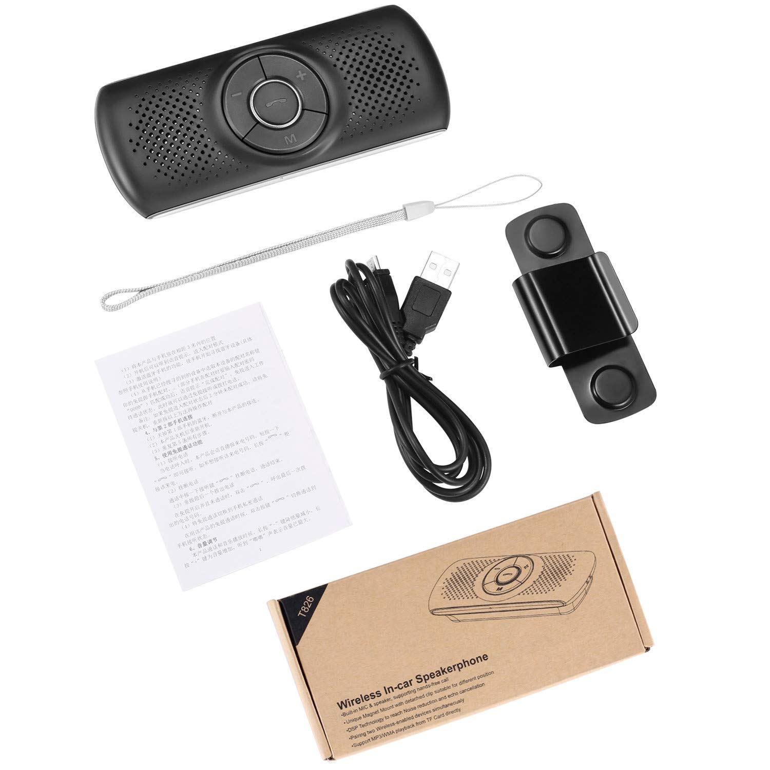 Kit Mains Libres pour Voiture Bluetooth 5.0, Haut-Parleur de Voiture avec Clip de visière Bluetooth, Basses stéréo améliorées/Micro intégré/Lecteur de Carte TF Siri&Assistant Google (Argent)