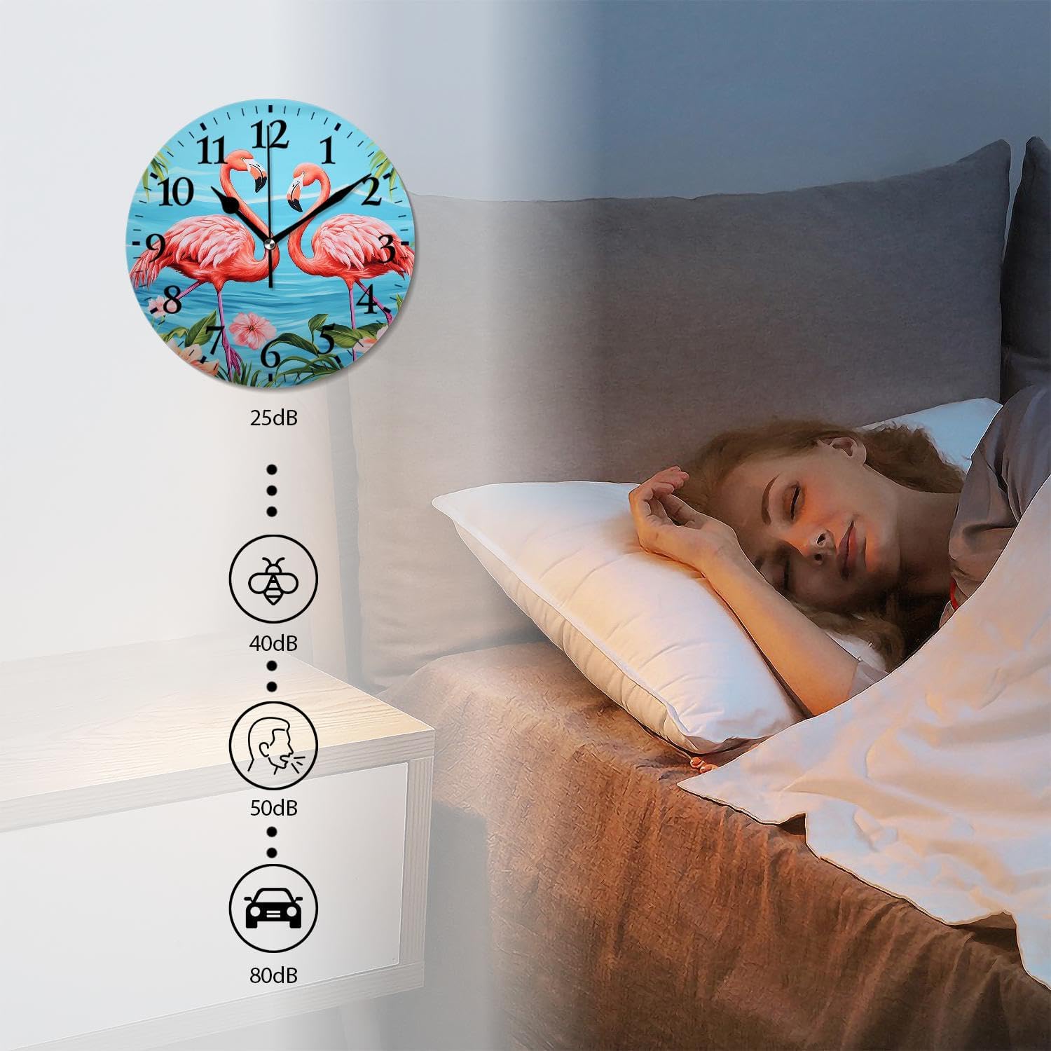 Analog Wall Clock Non-Ticking Sweep Movement Wall Clocks Battery Operated Decor Clocks for Bedroom,Kitchen,Office-Two Flamingo Lovely(12inch)