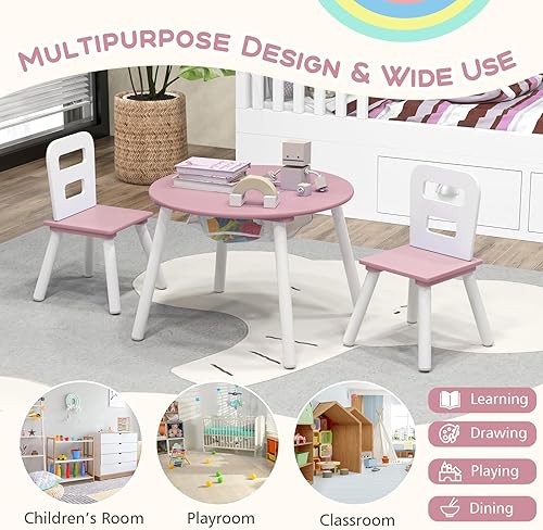 Miniatura 7 de Costzon Juego de mesa y silla para niños, mesa de actividades de madera con almacenamiento de malla central, muebles para niños y niñas, ideal para