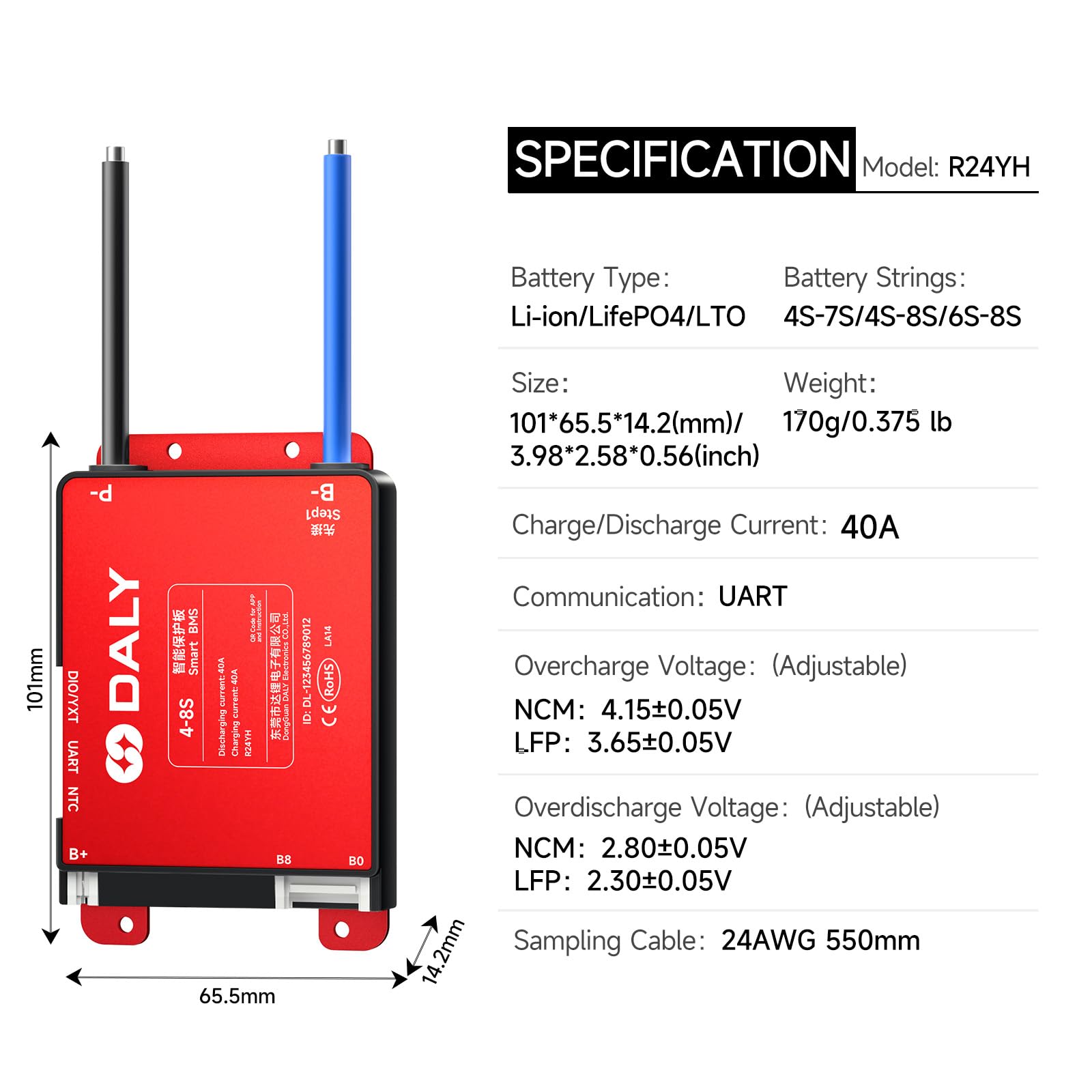 DALY BMS 12V bis 24V 40A – Integriertes Bluetooth Smart Lithium Batteriemanagementsystem für 4S – 8S Li-Ion, LiFePO4 und LTO Akkupacks