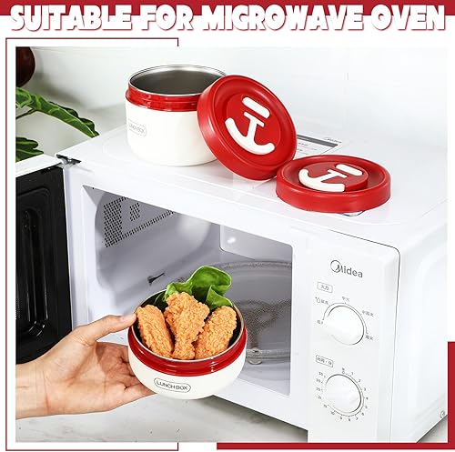 Vista 12 de Dandat 4 cajas Bento aisladas, contenedor portátil de acero inoxidable para alimentos, redondo, apto para microondas, apilable, a prueba de fugas