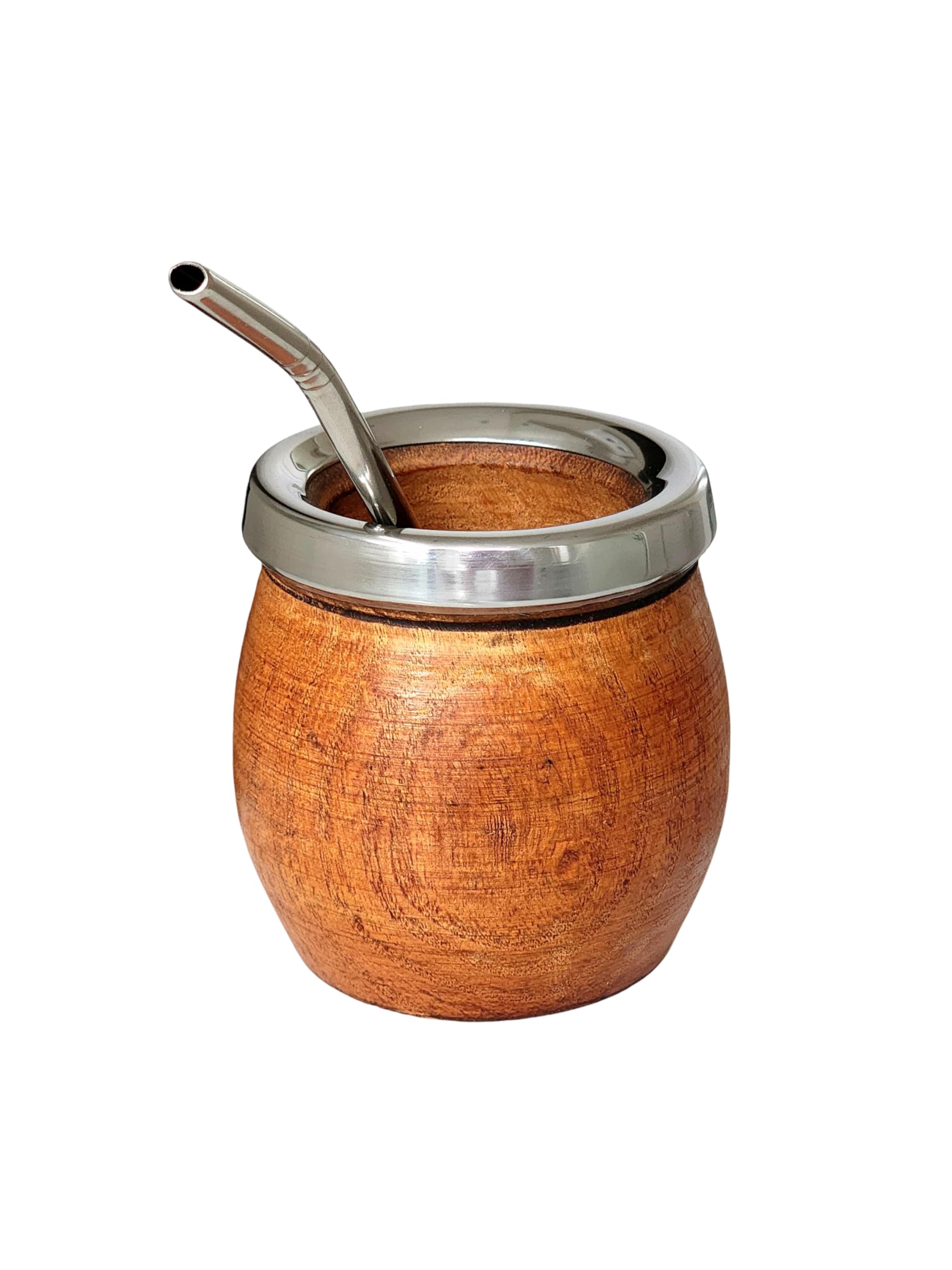 Tasse mate argentine naturelle fabriquée à la main en bois de caroube avec bord en acier inoxydable, mat avec ampoule, Gourd mate mug, style tonneau