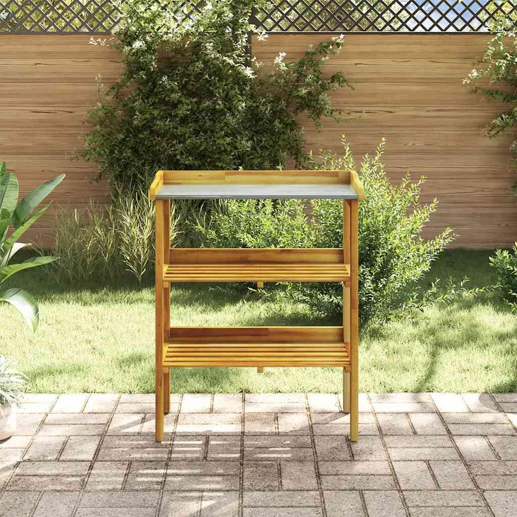 Stół na rośliny z litego drewna akacjowego z 2 półkami i ocynkowaną powierzchnią roboczą 76 x 37 x 92 cm, odporny na warunki atmosferyczne, stół ogrodniczy na balkon, taras, do ogrodu, z