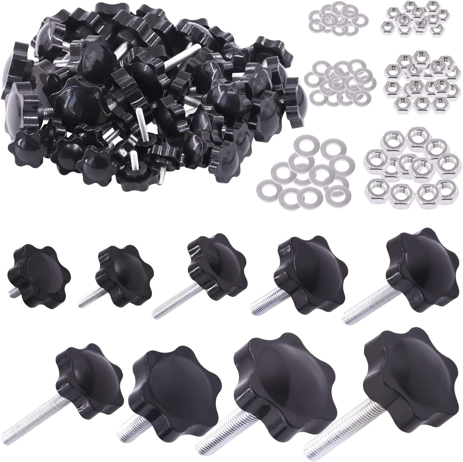 45 Sets M4 M6 M8 Star Knobs Male Thread Clamping Knob Screw Hand Tightening Knob Quick Removal Replacement Parts with 304 Stainless Steel Hex Nuts and Flat Washers Assortment Kit