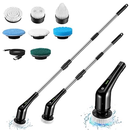 Electric Spin Scrubber, Cordless Bath Tub Power Scrubber with Long Handle & 7 Replaceable Heads, Detachable as Short Handle, Shower Cleaning Brush Household Tools for Bathroom & Tile Floor (Black)