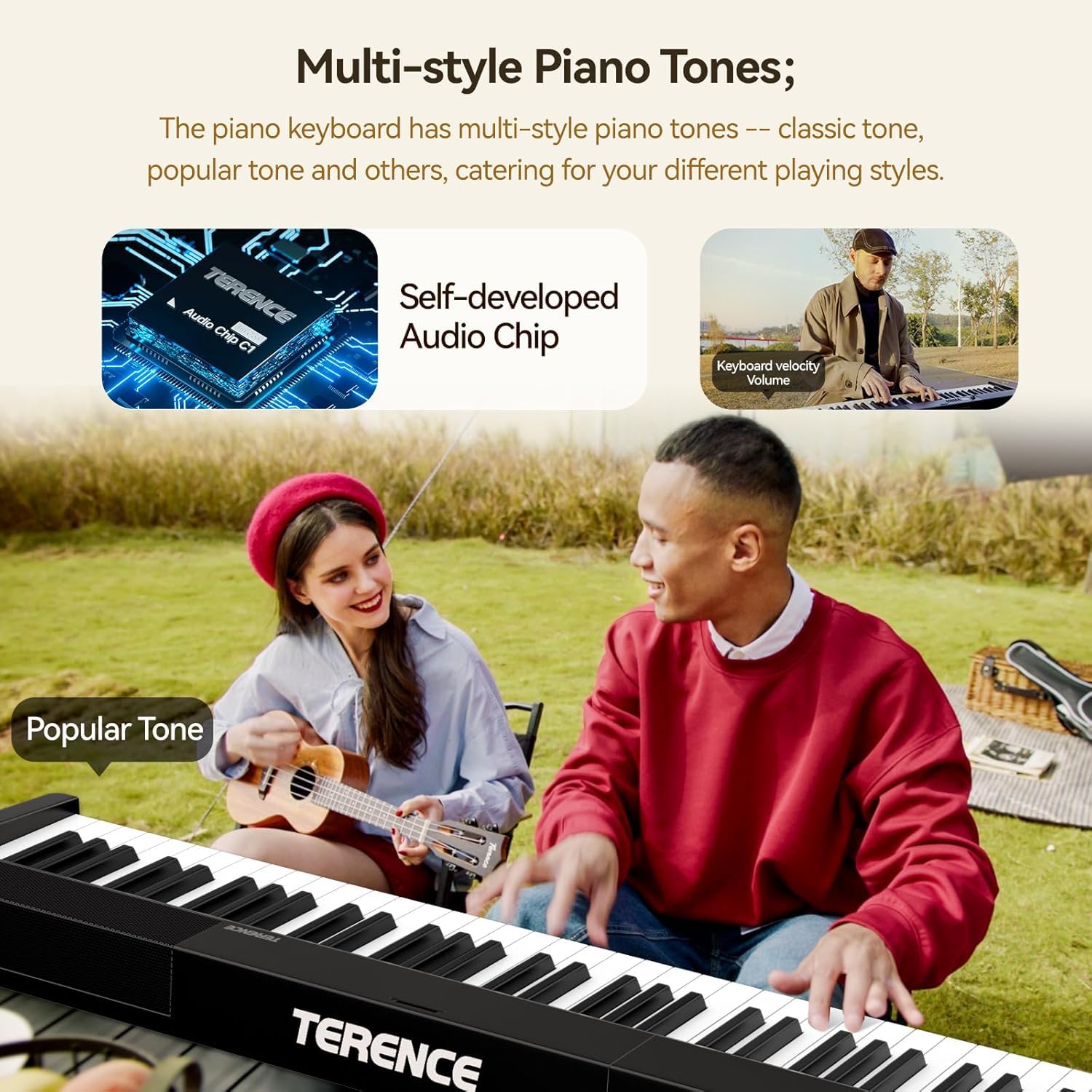 TERENCE Pieghevole Pianoforte Digitale 88 Tasti semi-pesati con batteria da 1800 mAh Altoparlanti 2x5W Bluetooth interfaccia MIDI supporto per spartiti Borsa adesiva Cavo audio con Pedale di sostegno