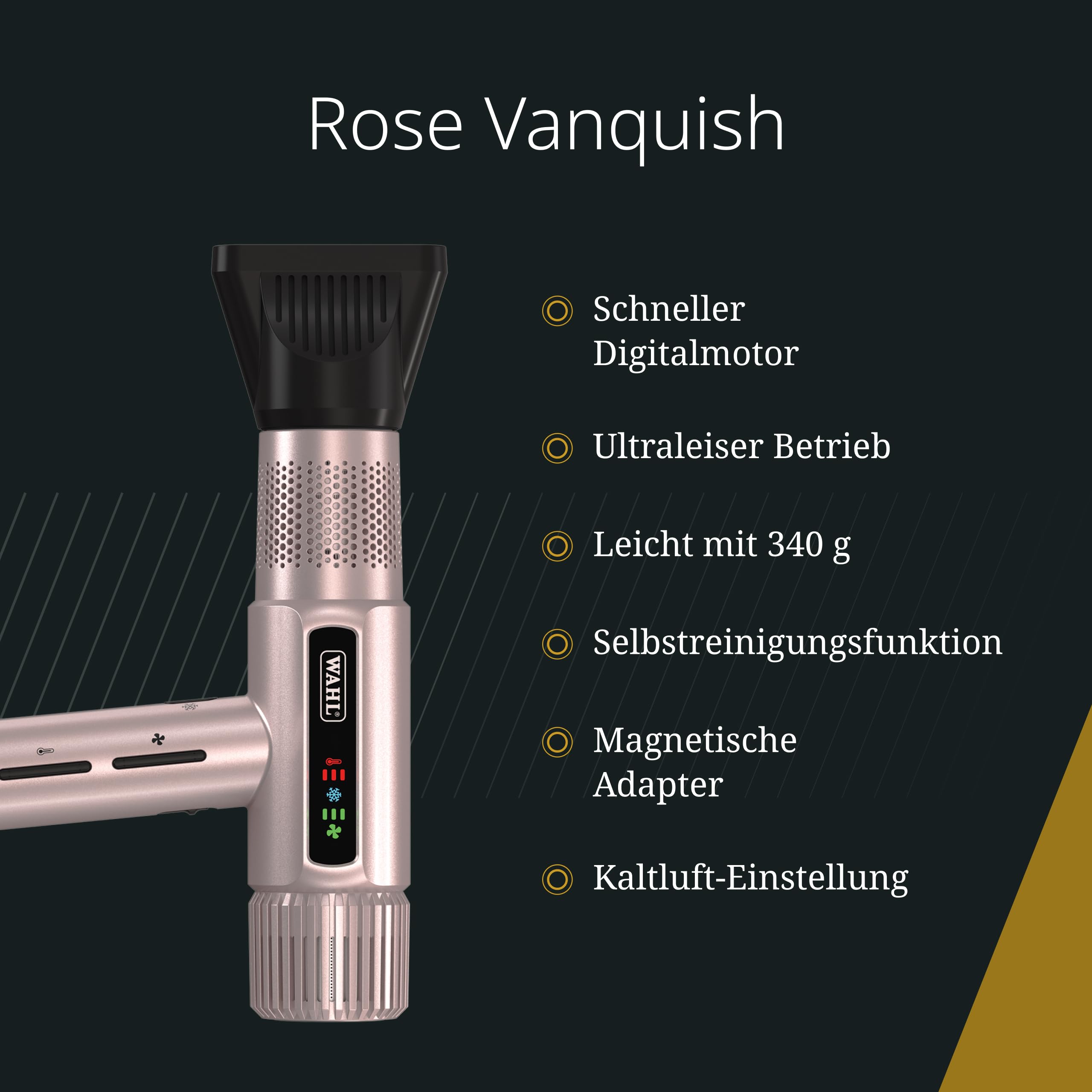 Wahl Vanquish, Professioneller Haartrockner, Rose Gold | Profi-Haartrockner mit FlowControl-Technologie, 1600 W, 101.000 U/min, nur 320 g, ionisch, magnetische Düsen und Diffusor